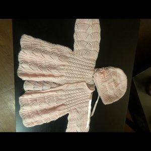 Hand knitted baby girl sweater set with bonnet